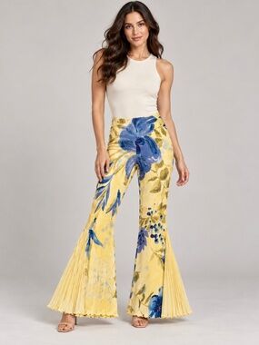 Made In Italy Y2K Floral Flare Pants Pleated Hem Yellow Blue IT 44 US 10 M Vinta